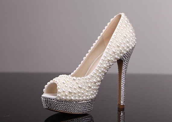 Peep Toe Pearl Embellished Stiletto Pumps, Bridal Shoes, Prom Heels