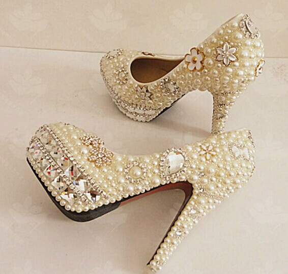 Pearl Wedding Shoes, Bridal Shoes, Bridal, Women Peep Toe Shoes Lady Evening Party Club High Heel Dress Shoes,unique Pearl Floral Dress Shoes