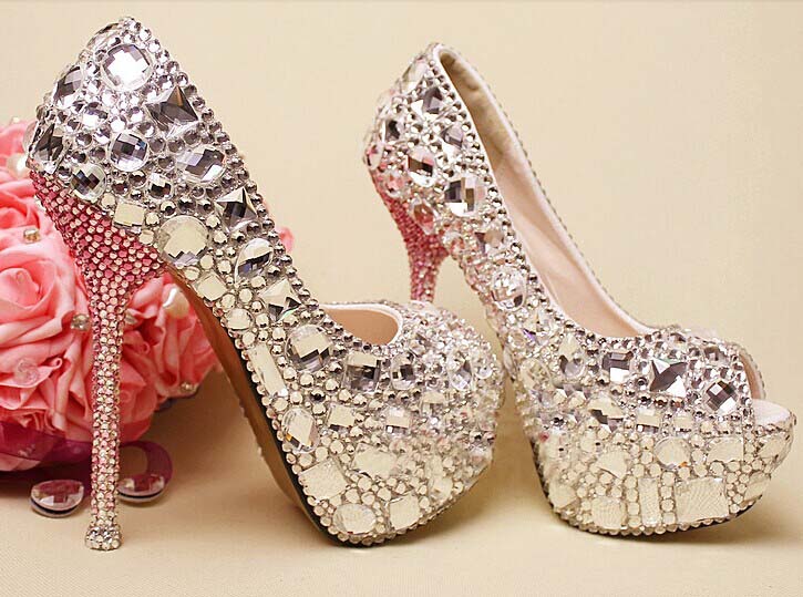 Clearl Crystal Bridal Shoes Gems High Heels Wedding Shoes Sparkling Peep Toes Nightclub Party Shoes, Bridal Shoes, Bridal, Women Peep Toe Shoes
