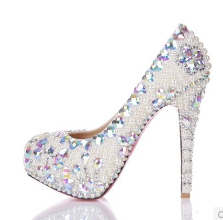 Style High Quality Luxurious White Pearl Wedding Shoes Colorful Crystal Heart High Heel Shoes For Women Honeymoon, Bridal Shoes, Bridal, Women