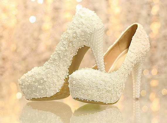 White Floral Lace Wedge Shoes on Luulla