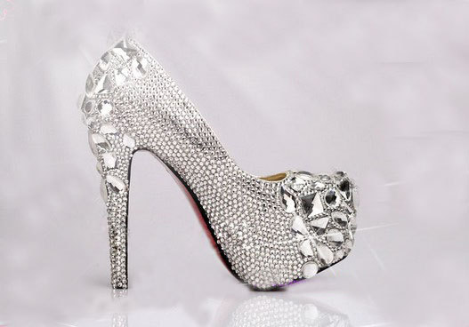 Luxury Bridal Shoes Silver Crystals Mix Gems Red Soles Shoes High