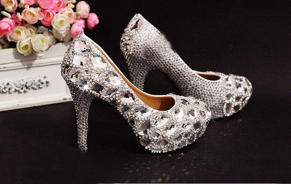 Luxury Bridal Shoes Silver Small Crystals Mix Big Crystals Gems High Heels Wedding Shoes Sparkling Formal Dress Shoes Wedding Shoes, Bridal
