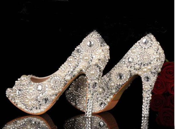 Pearl Wedding Shoes, Bridal Shoes, Bridal, Women Peep Toe Shoes Lady Evening Party Club High Heel Dress Shoes, Unique Ivory Pearl Rhinestone