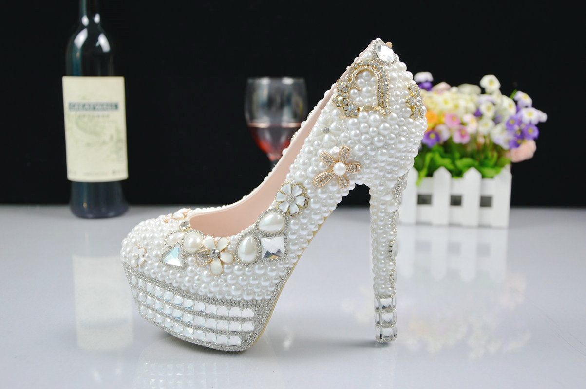 White Pearl Wedding Shoes, Bridal Shoes, Bridal, Women Peep Toe Shoes Lady Evening Party Club High Heel Dress Shoes