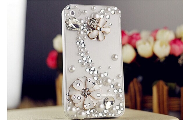 6c 6s Plus White Floral Pearl Rhinestone Hard Back Mobile Phone Case Cover Sparkly Handmade Case Cover For Iphone 4 4s 5 7plus 5s 6 6 Plus Cover