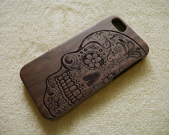 Skull Iphone 6 Case, Wood Iphone 6 Plus Case, Wood Iphone 6 Cover, Floral Skull, Cool, Laser Engraving, Real Wood, Wood Iphone Case