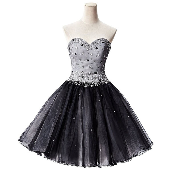 Black Beaded Embellished Sweetheart Short Tulle Homecoming Dress Featuring Lace-up Back