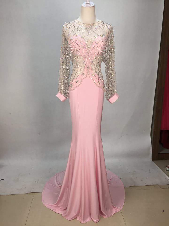 Evening Dresses,prom Dress ,long Prom Dress ,lace Prom Dress O Neck Prom Dress,v Back Prom Dress ,party Dresssexy Pink Long Sleeve Beaded Chiffon