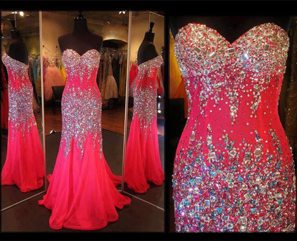 Heart Neck Sleeveless Hot Pink Chiffon And Lace A Line Floor Length Prom Dress,long Evening Party Dress