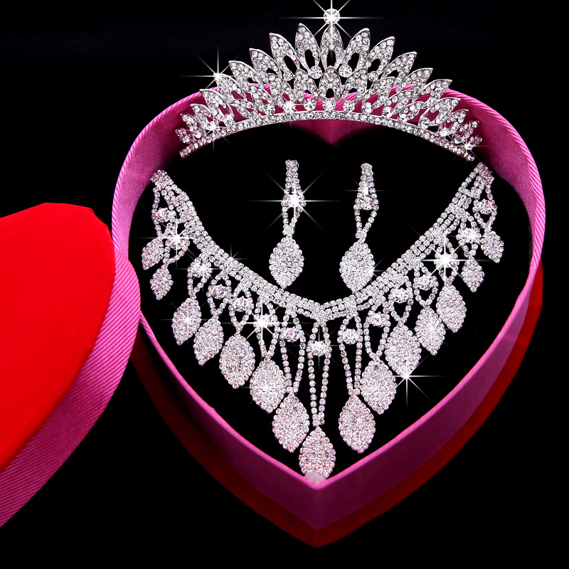 Wedding Jewelry ,wedding Three-piece, Earrings, Necklaces, Crown ,diamond Jewelry,flash Jewelryedd,the Bride Wedding Dress Crystal Crown Green