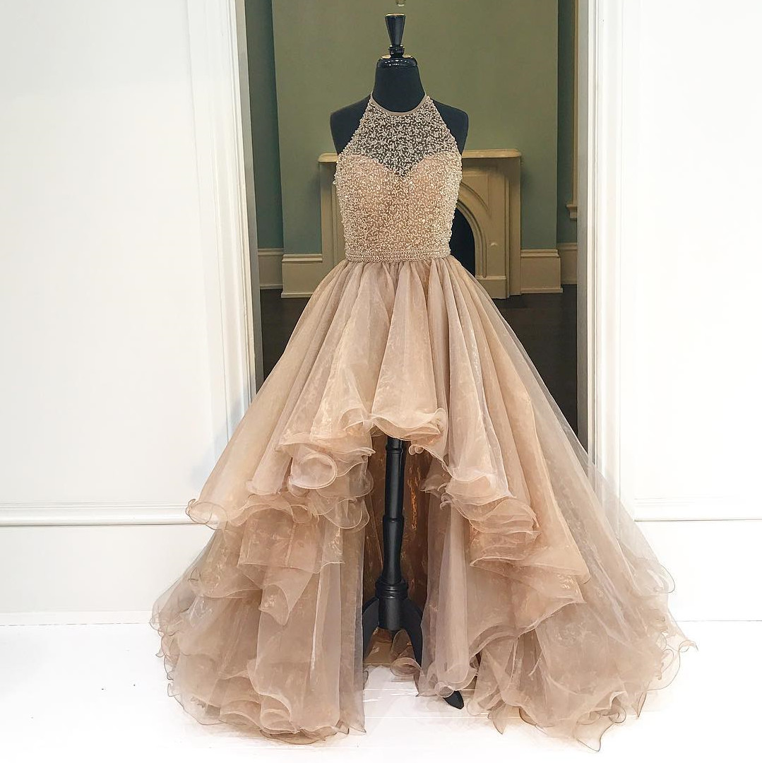 Prom Gownprom Gown,champagne High Low Tulle Prom Dress Featuring Halter Neck Bodice, Party Dresses 2016,long Prom Gown,sparkly Open Backs Prom