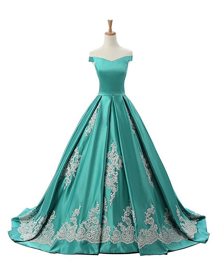 Prom Gowngreen Off The Shoulder A Line Prom Dress, Princess Prom Gown With Lace Appliques Prom Gowns