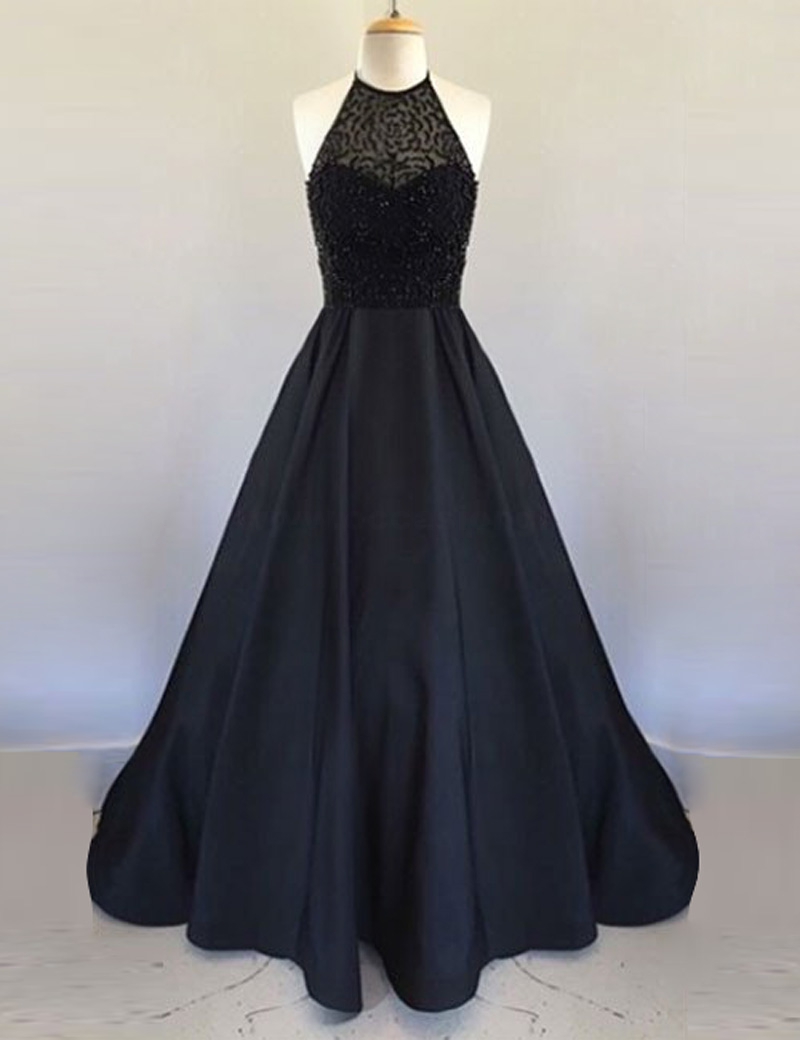 Prom Gownprom Dresses,a Line Halter Floor Length Black Pleated Prom Dress With Beadingy Dress,mermaid Prom Gown For Teens