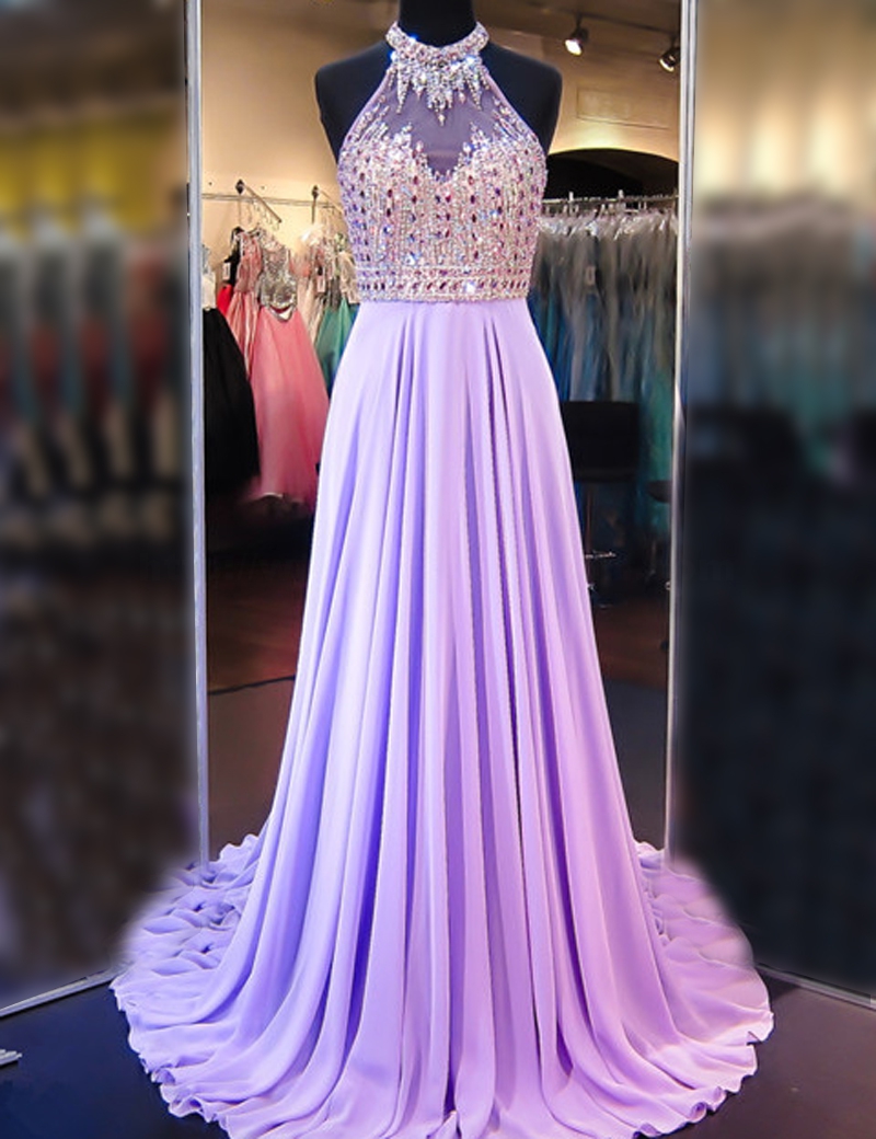 Prom Gowna Line Cowl Neck Sleeveless Long Pleated Beaded Lilac Prom Dress Open Back Prom Dressesdress,mermaid Prom Gown For Teens