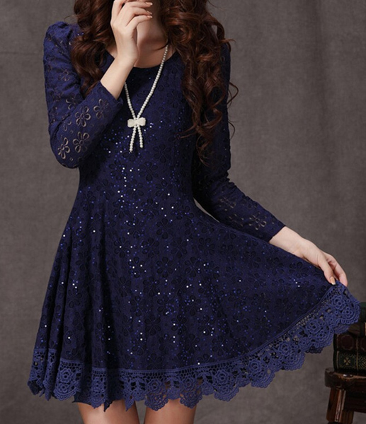 Stylish Blue Long Sleeve Sheath Dress,women Dress Women Clothes,ruffled Design Long Sleeve Lace Dress In Dark Blue