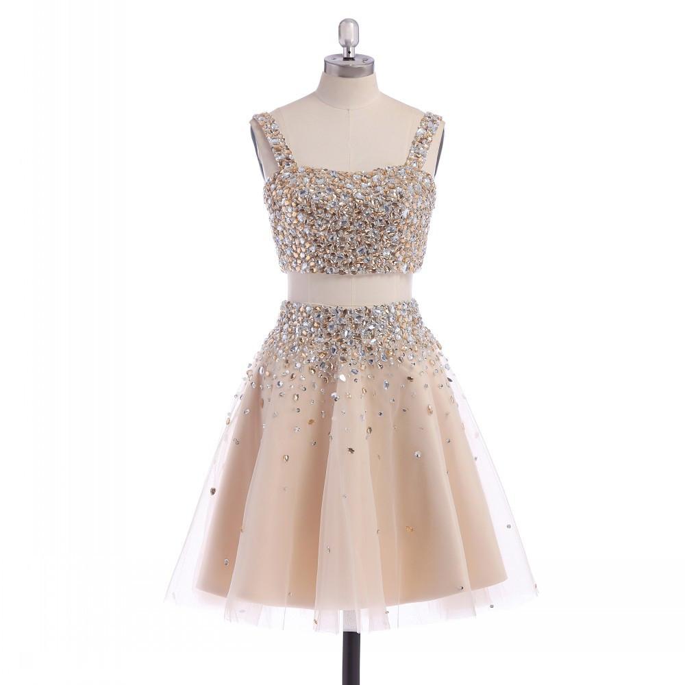 Two Piece A-line Short Tulle Prom Dress With Rhinestone Jewels Embellishment
