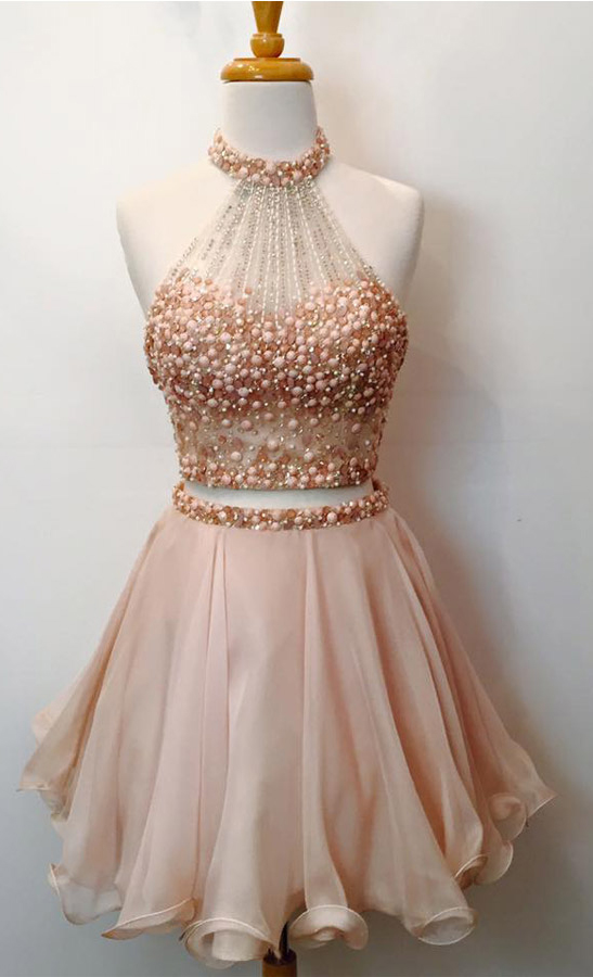 Two Piece Homecoming Dresses,beaded Bodice Halter 2 Piece Short Prom Dresses,sparkly Cocktail Dresses Short Prom Dress ,