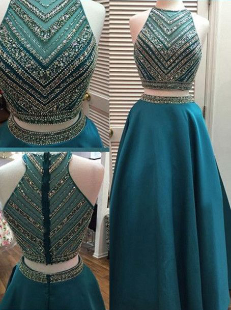 2017 Long Beading A-line Prom Dresses,modest Two Pieces Prom Dress,party Dresses,formal Evening Dresses