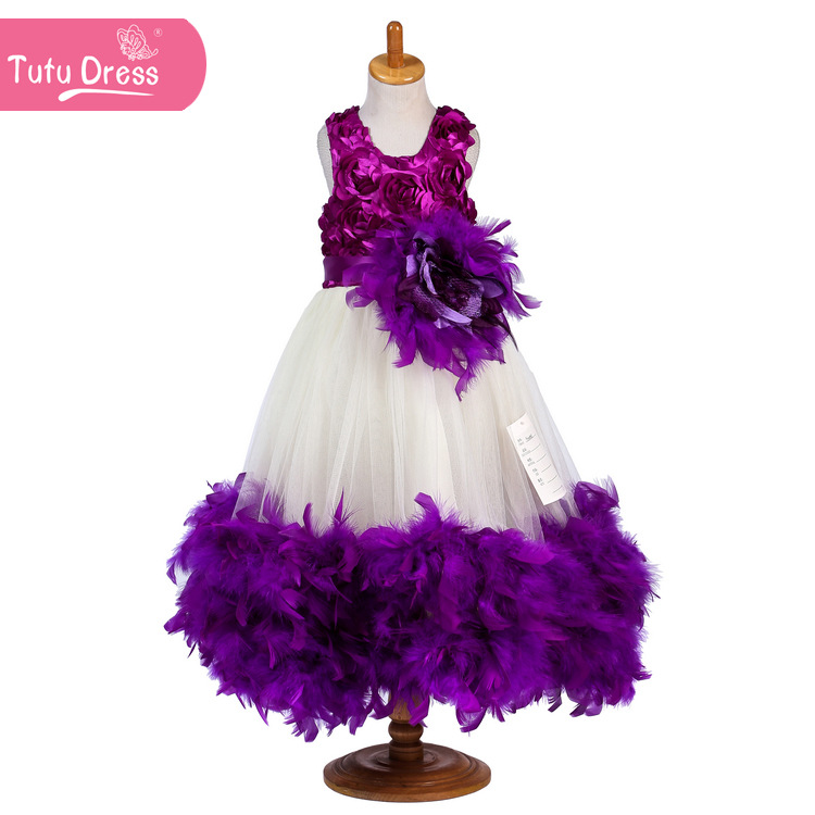 Flower Girl Dresses Flower Children's Clothes,wedding Dress,2017 Flower Girl Dress Purple Feather Marriage Girl Dresses Boutique