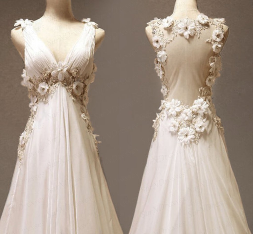 Custom Made A-line V-neck Neckline Court Train Wedding Dress/ Custom Long Wedding Dress/ Bridal Dresses 2017