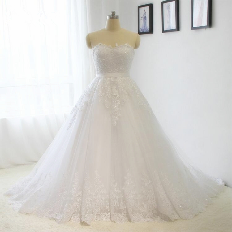 Latest Design Wedding Dress, Lace Wedding Dress, Strapless Lace Applique Wedding Dresses 2017 A Line White / Ivory Bride Dress Custom Size