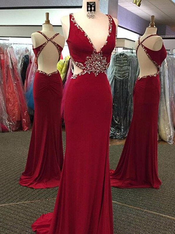 Sexy Prom Dresses,Red Prom Dress,Chiffon Backless Evening gown,long Formal Dress,Beaded Prom Gowns,Open Backs Night Club Dresses