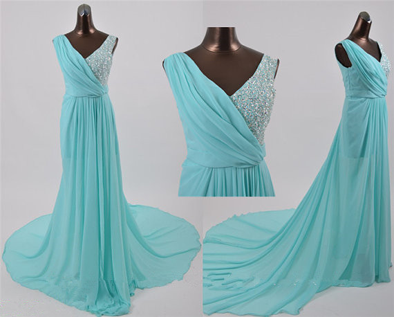 Blue Prom Dresses,a-line Prom Dress,beading Prom Dress,v Neck Prom Dress,chiffon Prom Dress,simple Evening Gowns, Party Formal Gowns For Teens