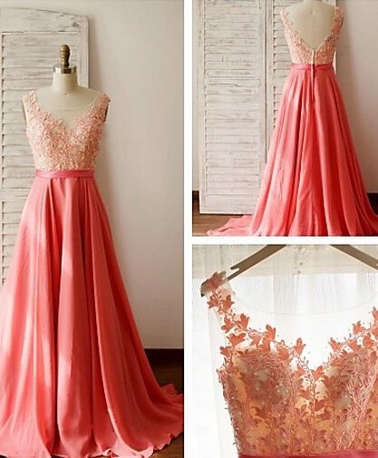 Coral Prom Dresses,2017 Evening Dresses, Fashion Prom Gowns,elegant Prom Dress,lace Prom Dresses,chiffon Evening Gowns,simple Formal Dress For