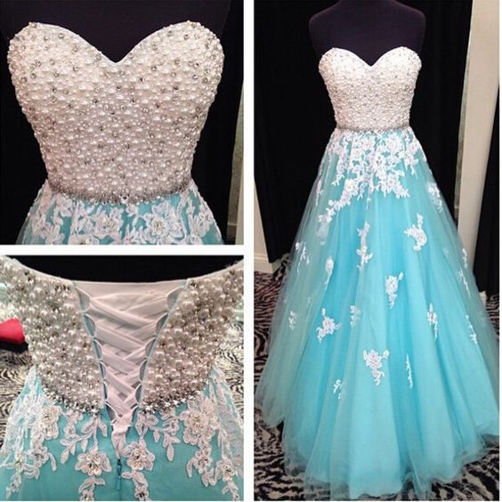 Custom Made Blue Pearl Beaded Sweetheart Neckline Evening Dress With Lace Applique A-line Tulle Skirt