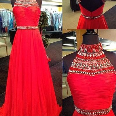 High Quality Prom Dress,long Prom Dress,a-line Princess Dress,sleeveless Prom Dress,high Neck Dress,beautiful Beading Evening Dress,red Chiffion