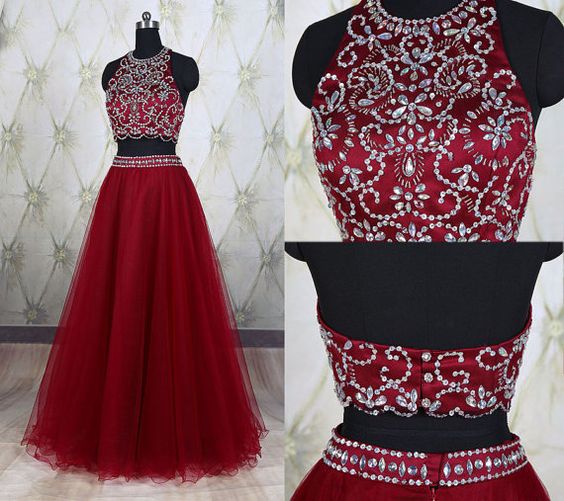 High Quality Prom Dress,tulle Prom Dress,beading Prom Dress,two Pieces Prom Dress, Halter Prom Dress