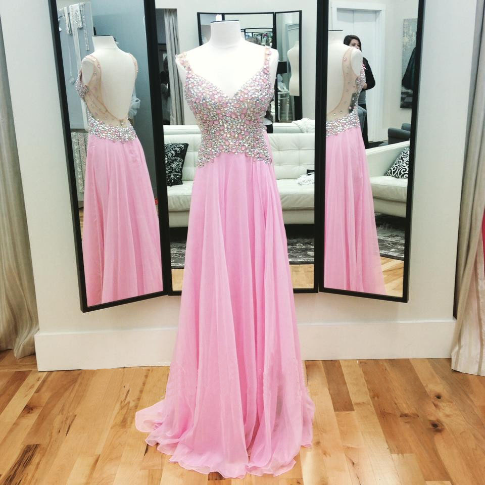 High Quality Prom Dress,unique Prom Dress,sexy V-neck Prom Dress,pink Rhinestone Prom Dress,formal Prom Dress,backless Prom Dress,a Line Evening