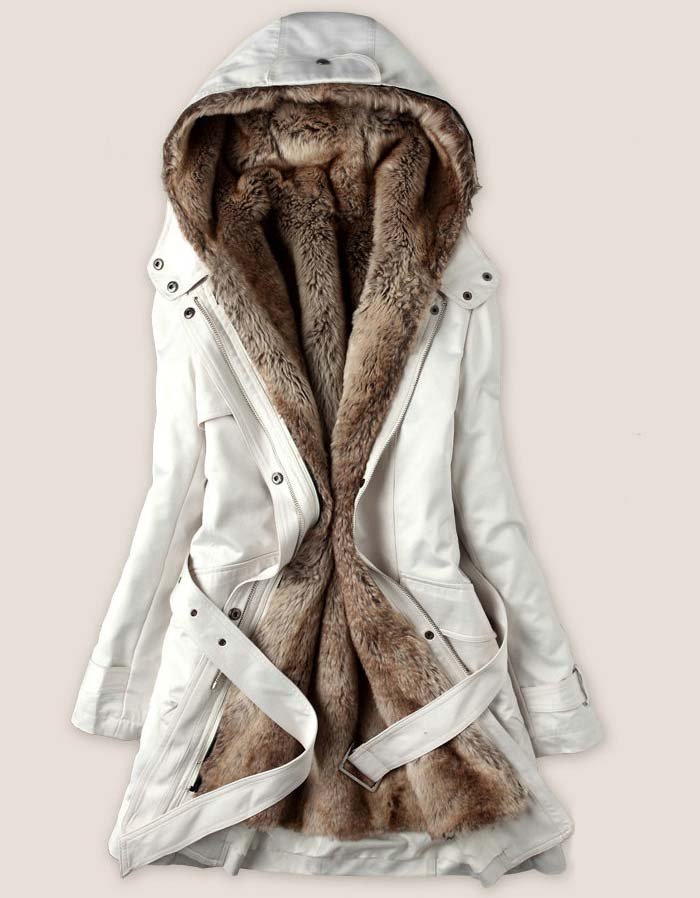 Fashion white ice cream color Faux Fur Lined Coat
