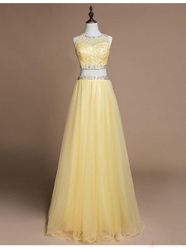 Prom Dress, Yellow Two Piece Sequin Beading Long Prom Dress With Illusion Sweetheart Neckline,graduation Dresses,wedding Guest Prom Gowns,