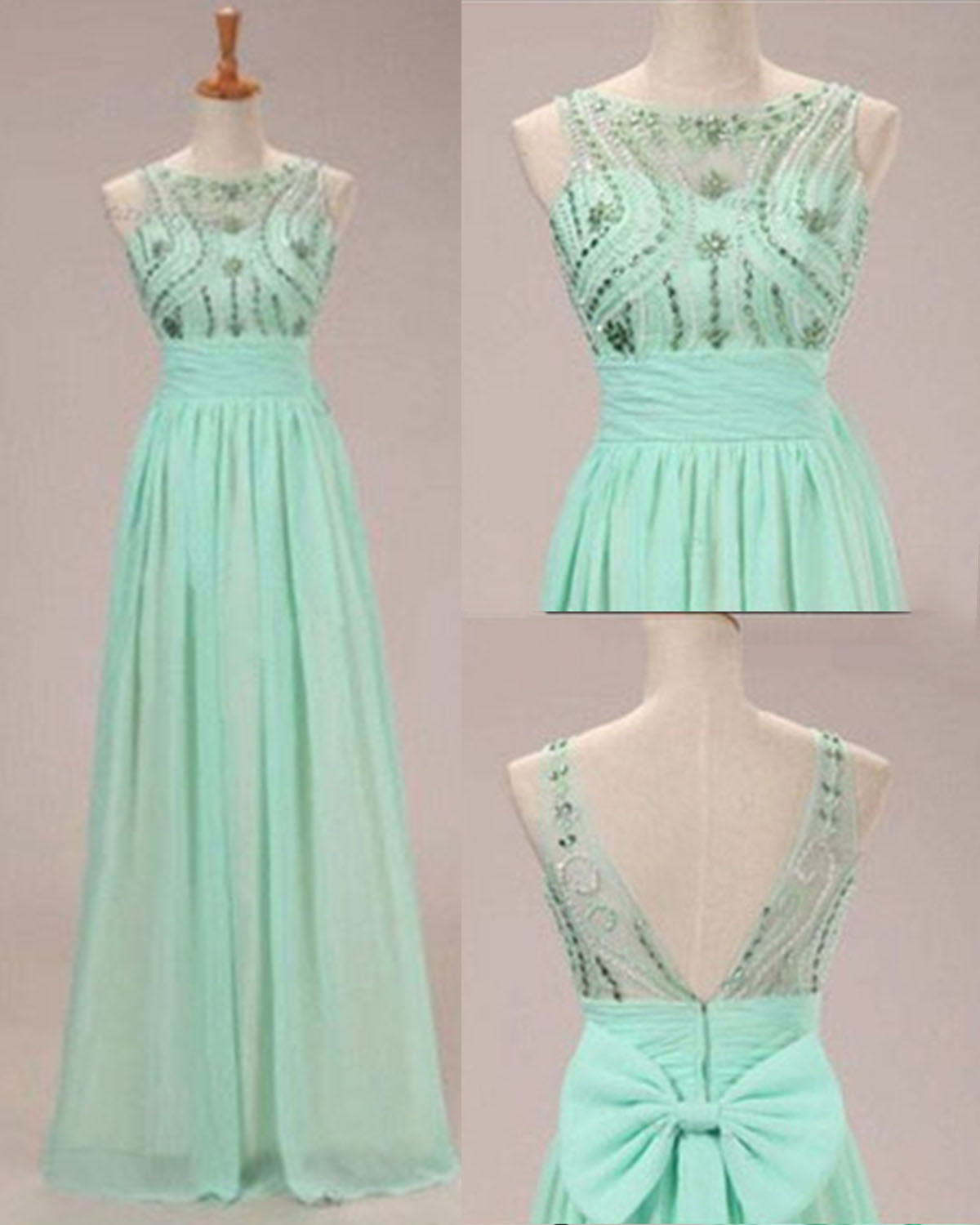Cute Mint Green Chiffon Beaded O-neck Long Handmade Senior Prom Dress With Sequins, 2017 Homecoming Dress With Bowknot