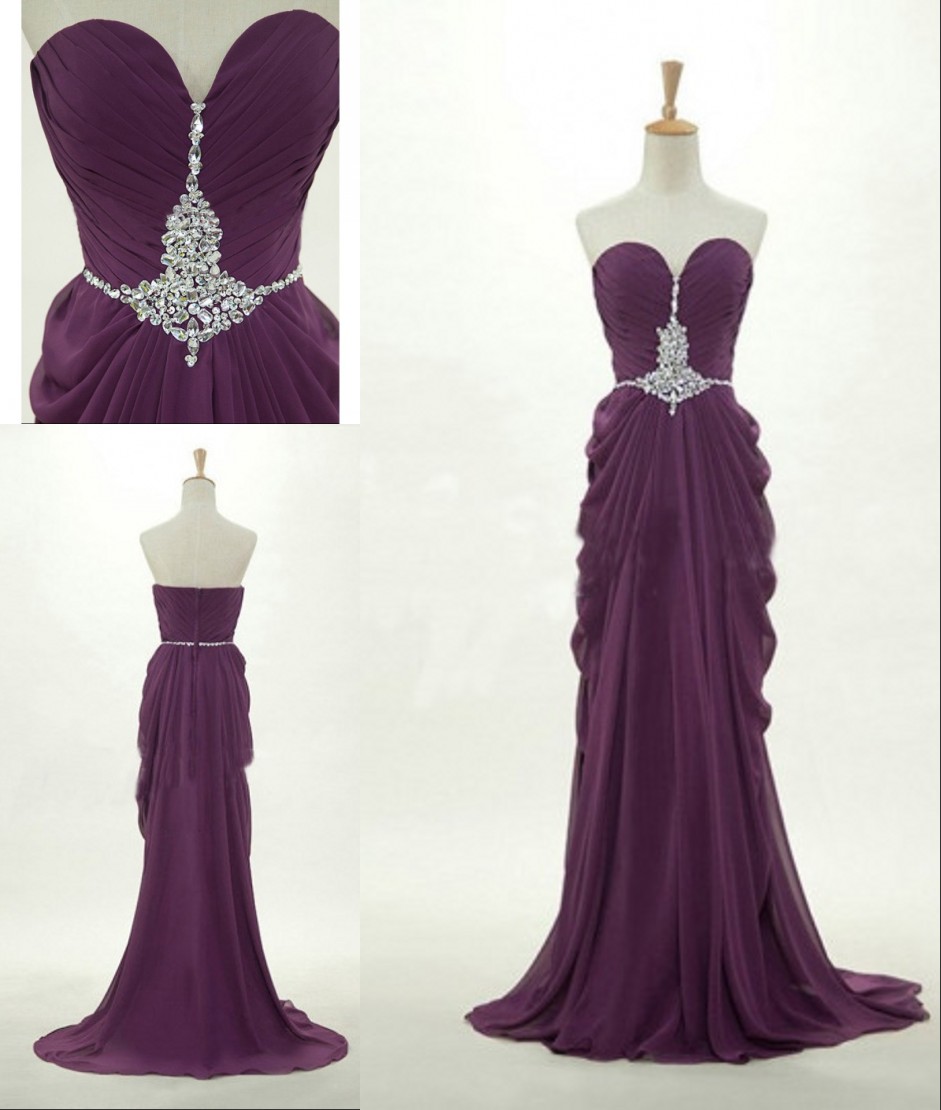 Vintage Designer Formal Dresses Purple Chiffon Sweetheart Bling Crystals Rhinestone Prom Dresses Backless Evening Dress Pleated Pageant Dresses