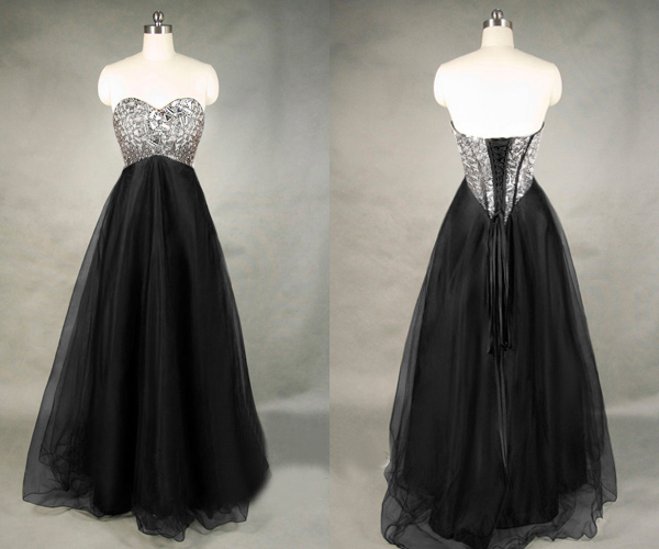 A Line Tulle Rhinestones Black Long Prom Evening Party Dress Sexy Beaded Party Dress ,beaded Party Dress