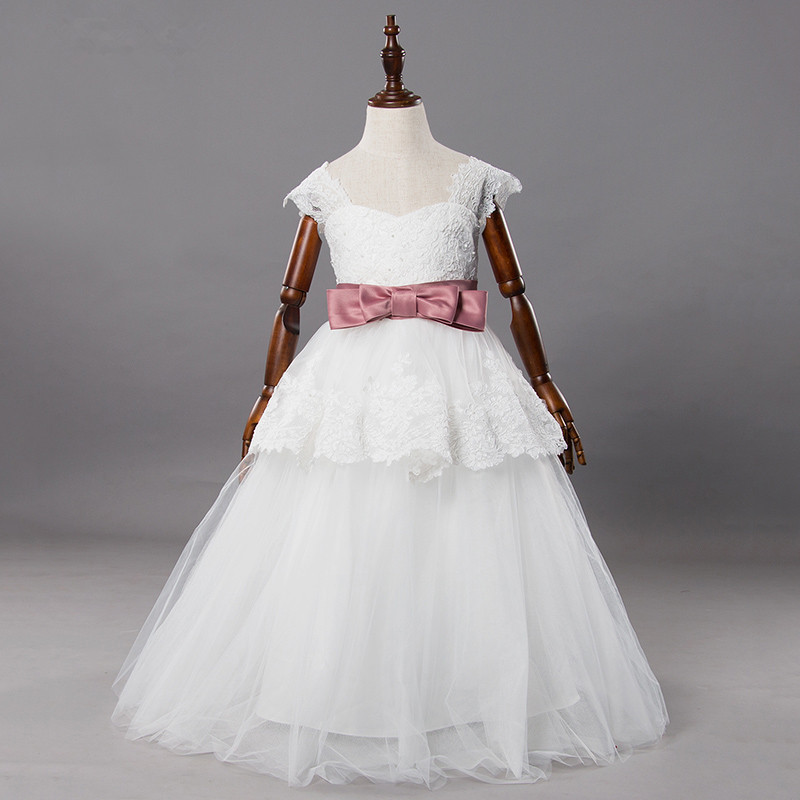 Princess Ball Gown White Lace Flower Girls Dresses For Weddings 2016 Tulle Belt Bow Knot Custom First Communion Dress Gown
