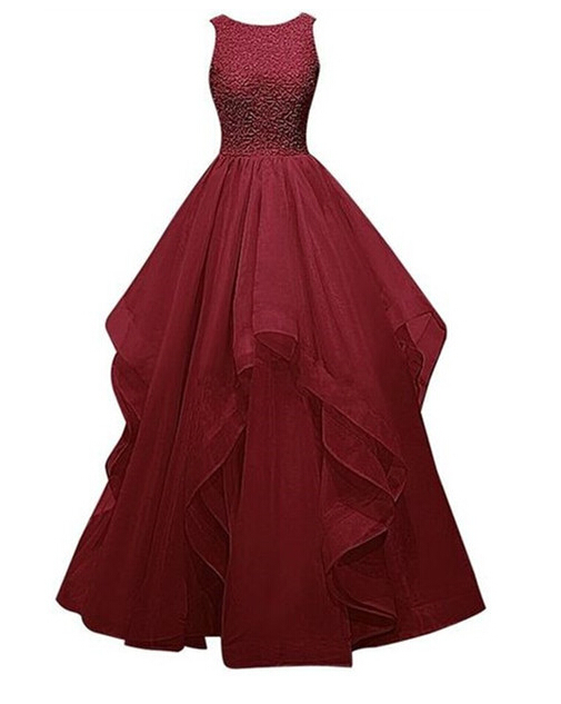 Burgundy Beading Custom Made Prom Dresses, Floorlength Evening Dresses