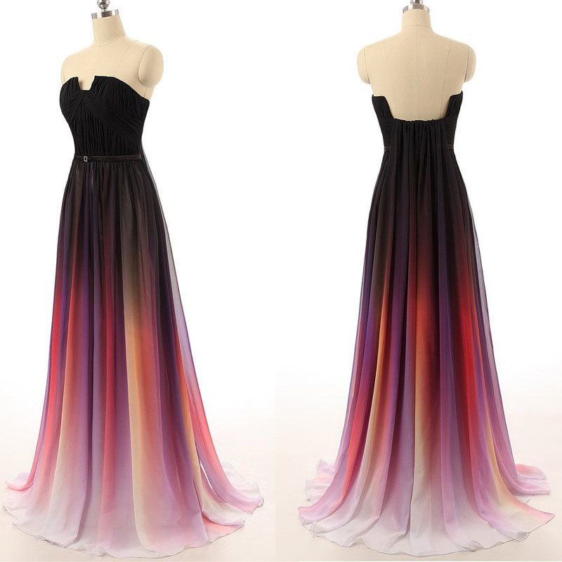 Black Navy Blue Ombre Chiffon U Neck Long Prom Dress , A Line Open Back Custom Made Colorized Ombre Evening Prom Dresses,purple Gradient Formal