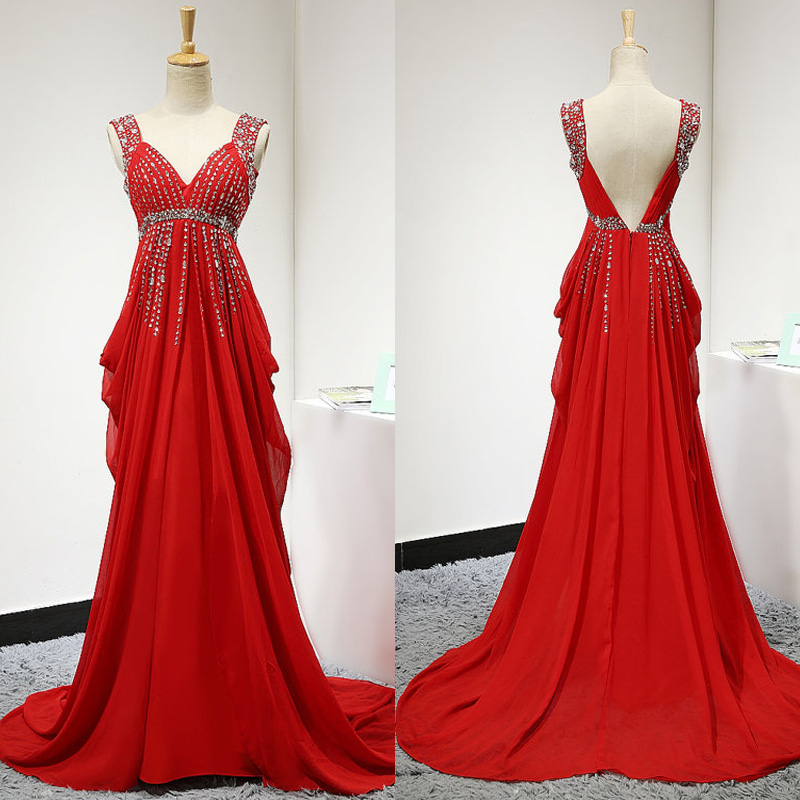 Red Backless Prom Dress,long Elegant Chiffon Ruched Bridesmaid Dresses, Sexy V Neck Pleated Beaded Chiffon Women Evening Dresses ,long Elegant