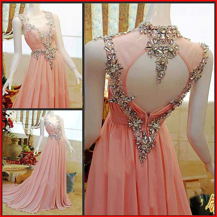 Pink Beaded Backless Chiffon Prom Dress,pink Backless Prom Dresses,prom Gowns, Pink Prom Dresses,long Prom Gown,prom Dress,sparkle Evening