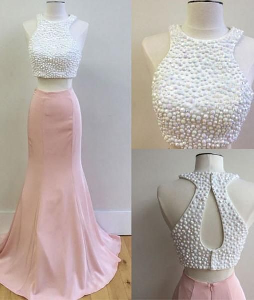 Pink Two Pieces Prom Dress, Pink Formal Dress For Teens, Mermaid Prom Dress, 2 Pieces Prom Dress, Beaded Prom Dress, Senior Prom Dress