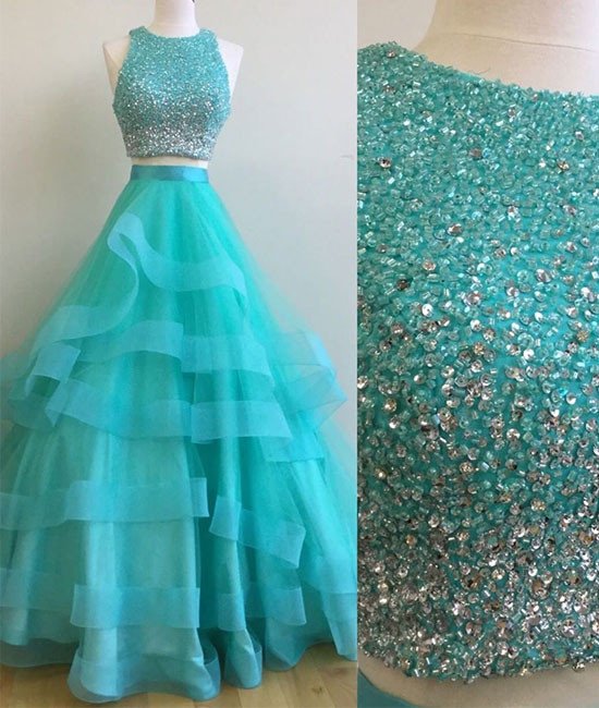 2017 Two Piece Prom Dress, Beading Prom Dress,2 Piece Evening Prom Dress,beading Party Dress,prom Dress For Teens,formal Dress,tulle Evening