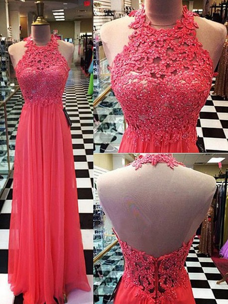 Custom Halter Watermelon Pink Prom Dress, Long Prom Dresses, Backless Prom Dress, Chiffon Prom Gowns, Prom Dress Pink, Pink Formal Evening Dress,