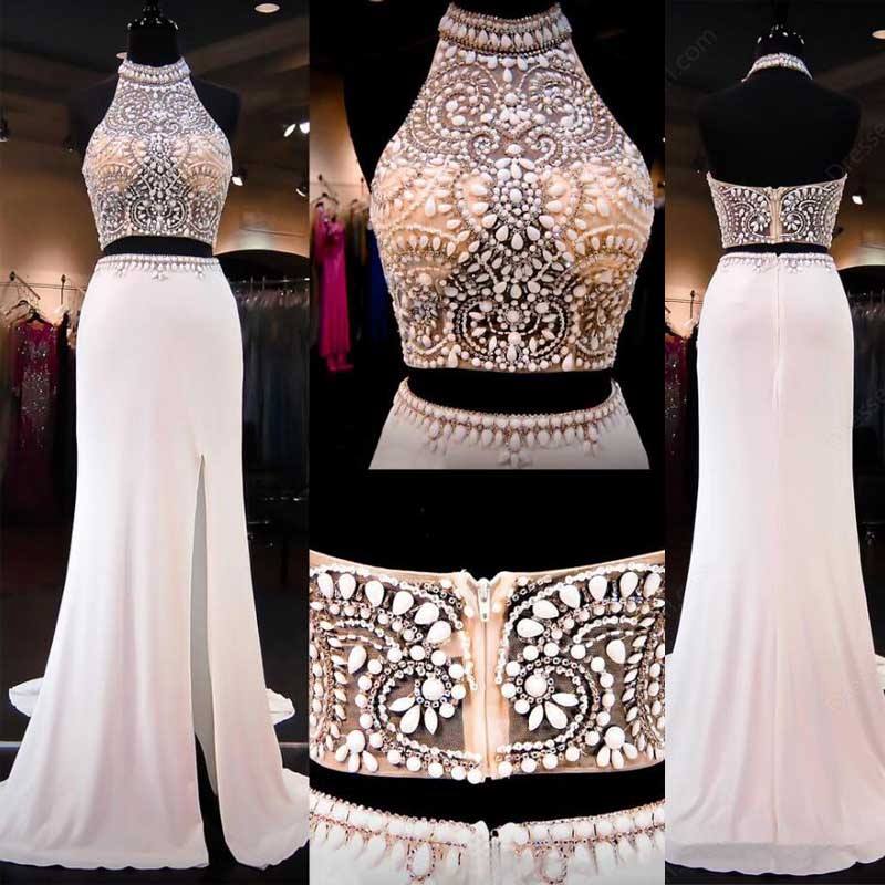 Two Piece White Beaded Prom Dress,sexy Beaded Two Pieces Party Dress,white Sexy Evening Dress