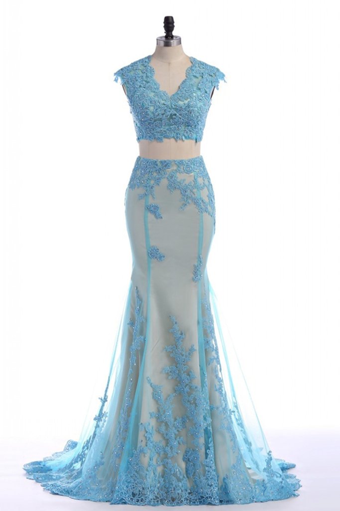 Prom Dress, Lace Appliqud Floor Length Two Piece Prom Dress Featuring Plunge V Cropped Bodice And Mermaid Skirt ,high Quality Graduation Prom Dress, Lace Appliqud Floor Length Two Piece Prom Dress Featuring Plunge V Cropped Bodice And Mermaid Skirt ,high Quality Graduation
