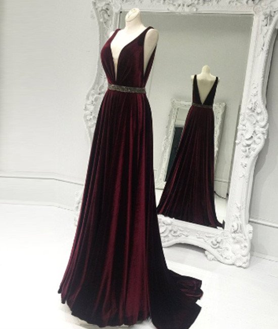 Elegant Burgundy V Neck Long Prom Dress, Burgundy Evening Dress
