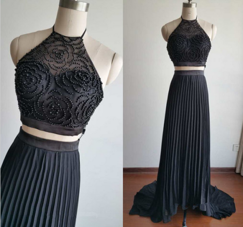 Gorgeous Two Pieces Black Beadings Prom Dresses, Two Pieces Prom Dresses, Prom Gowns